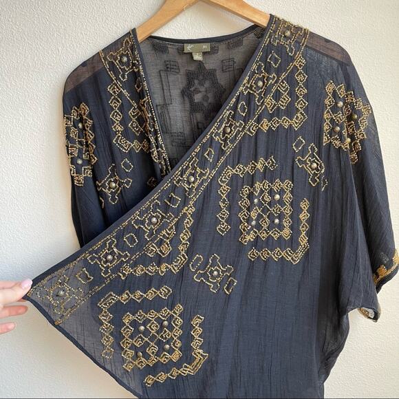 Anthropologie Fei Black Gold Beaded Open Cardigan Duster - Picture 7 of 13